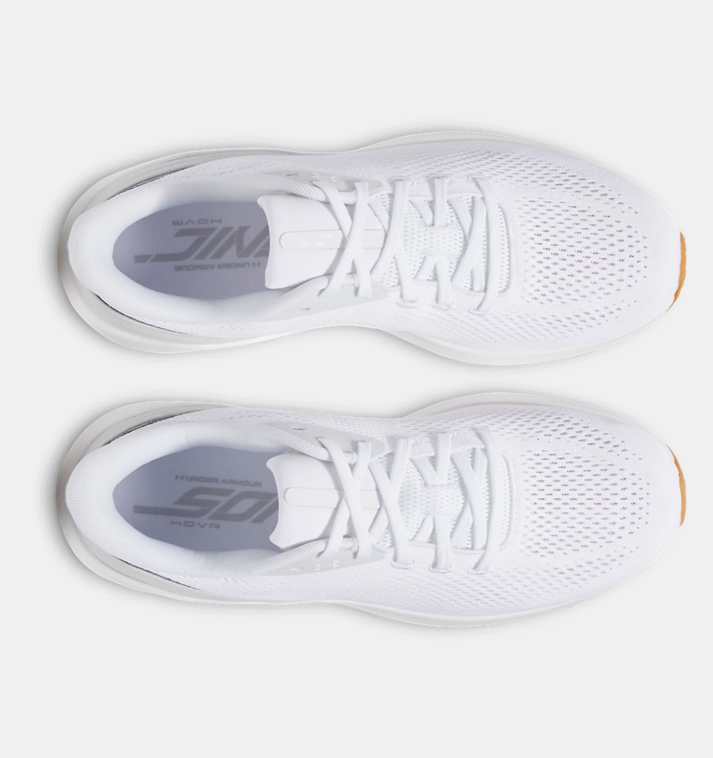 Under Armour HOVR Sonic 7 running shoes in white with a breathable mesh upper and lace-up design, top view.