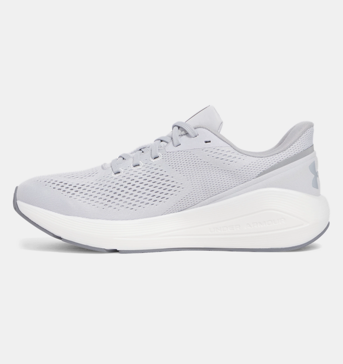 Under Armour HOVR Sonic 7 running shoes in light gray with breathable mesh upper and cushioned sole, side view.