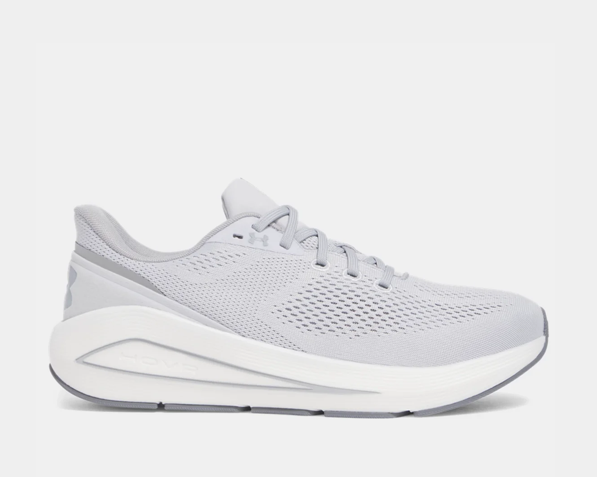 Under Armour HOVR Sonic 7 running shoes in light gray with breathable mesh upper and responsive HOVR cushioning, side view.