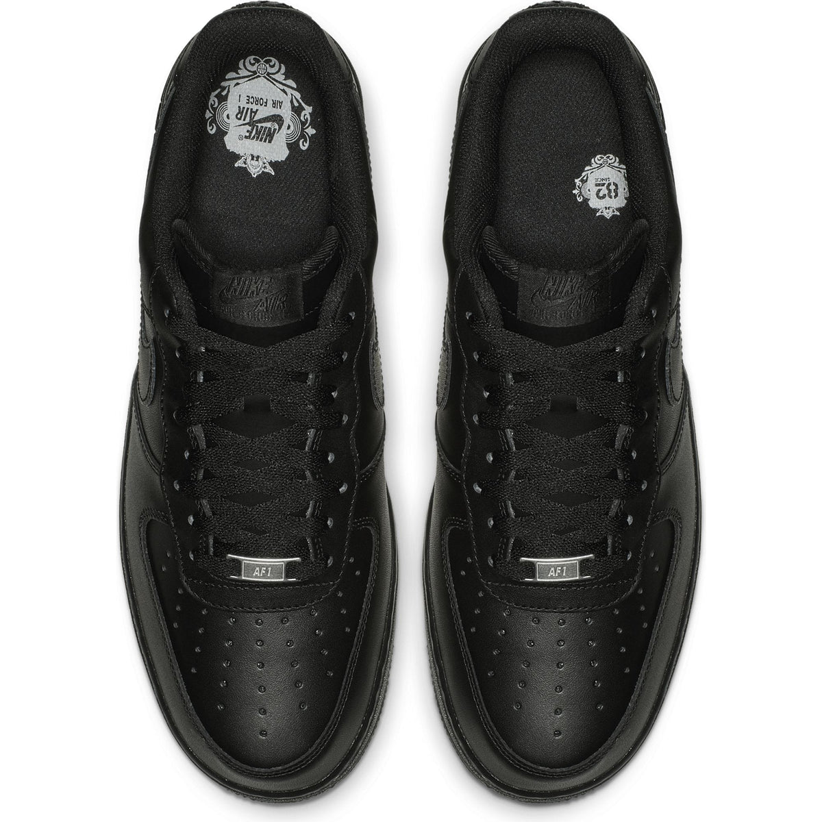 Nike Air Force 1 '07 sneakers in black leather with perforated toe box and lace detailing, top view.