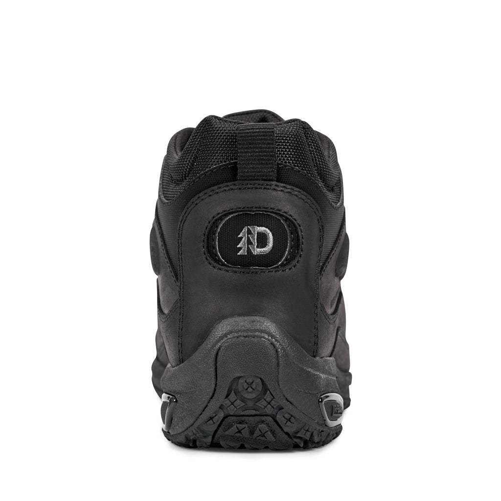 Dunham Cloud Boots back view showing black leather and mesh upper with embossed logo and rugged rubber outsole.