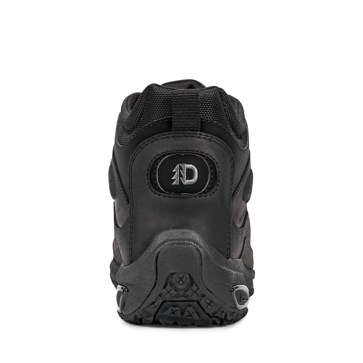 Dunham Cloud Boots back view showing black leather and mesh upper with embossed logo and rugged rubber outsole.