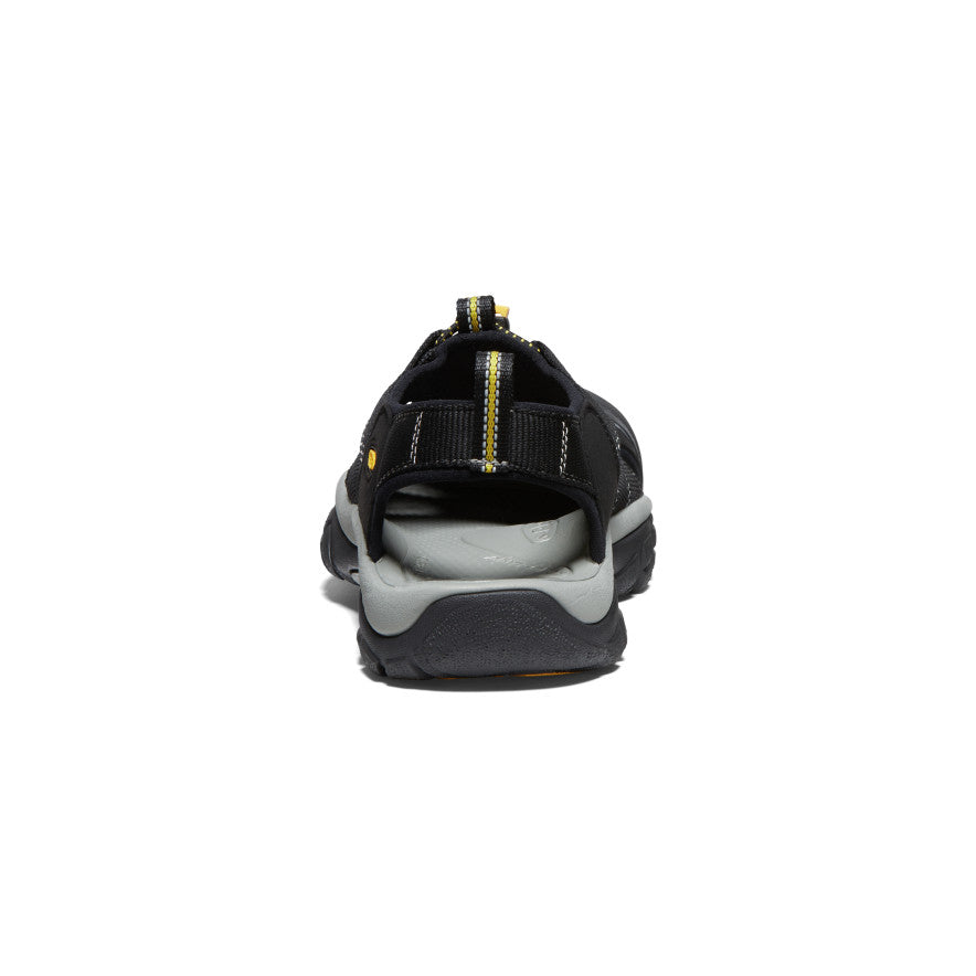 Keen Newport H2 sandals in black and gray with yellow accents, back view showing sturdy heel strap and contoured sole.