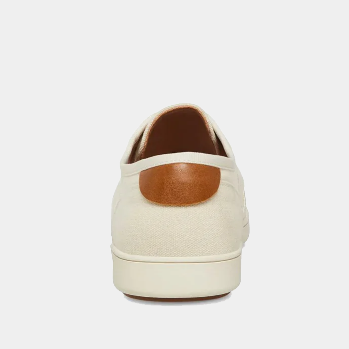 Steve Madden Fenta casual sneakers back view in cream canvas with brown leather heel accent and white rubber sole.