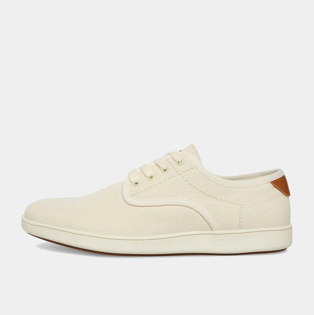 Steve Madden Fenta casual shoes in cream canvas with lace-up design and tan accent on the heel, side view.
