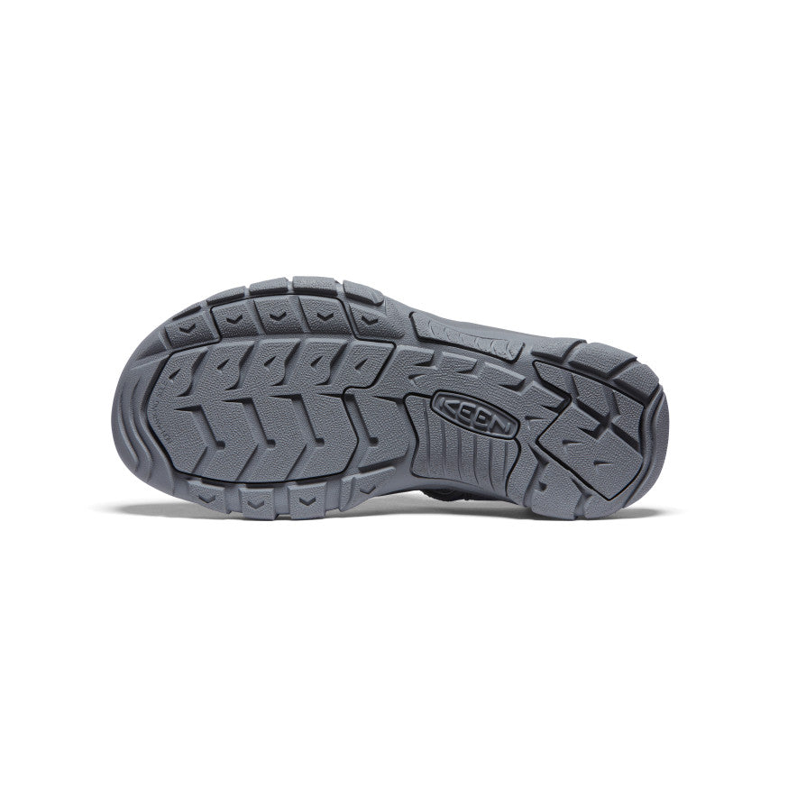 Keen Newport H2 sandal outsole in gray rubber with multi-directional lug pattern for traction, bottom view.