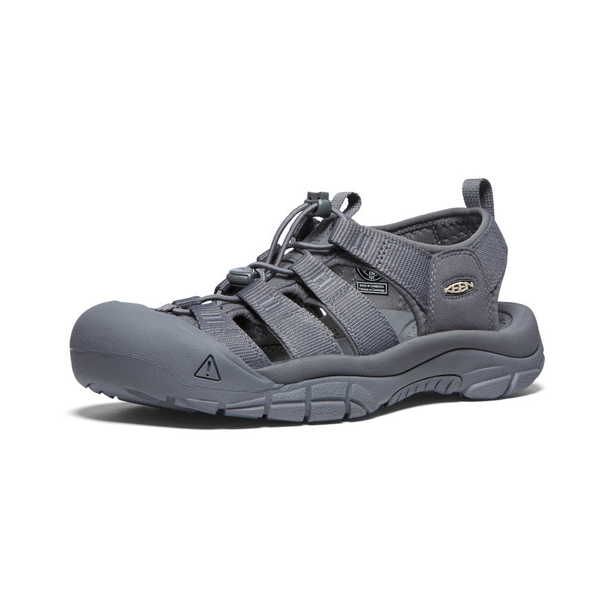Keen Newport H2 sandals in gray with durable straps, bungee lacing system, and rubber toe cap, side view.