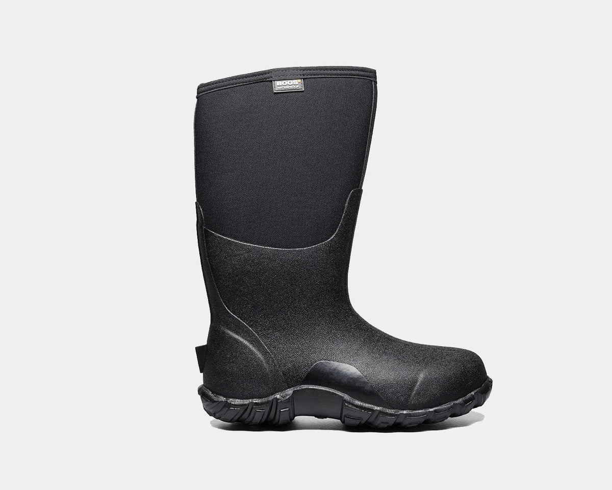 Bogs Classic High boots in black with waterproof neoprene upper and durable rubber outsole, side view.