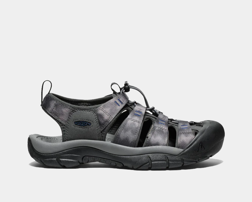 Keen Newport H2 sandals in gray with washable polyester webbing, closed toe design, and durable rubber outsole, side view.