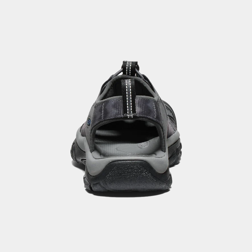 Keen Newport H2 sandals in gray and black with webbing straps and supportive heel design, back view.