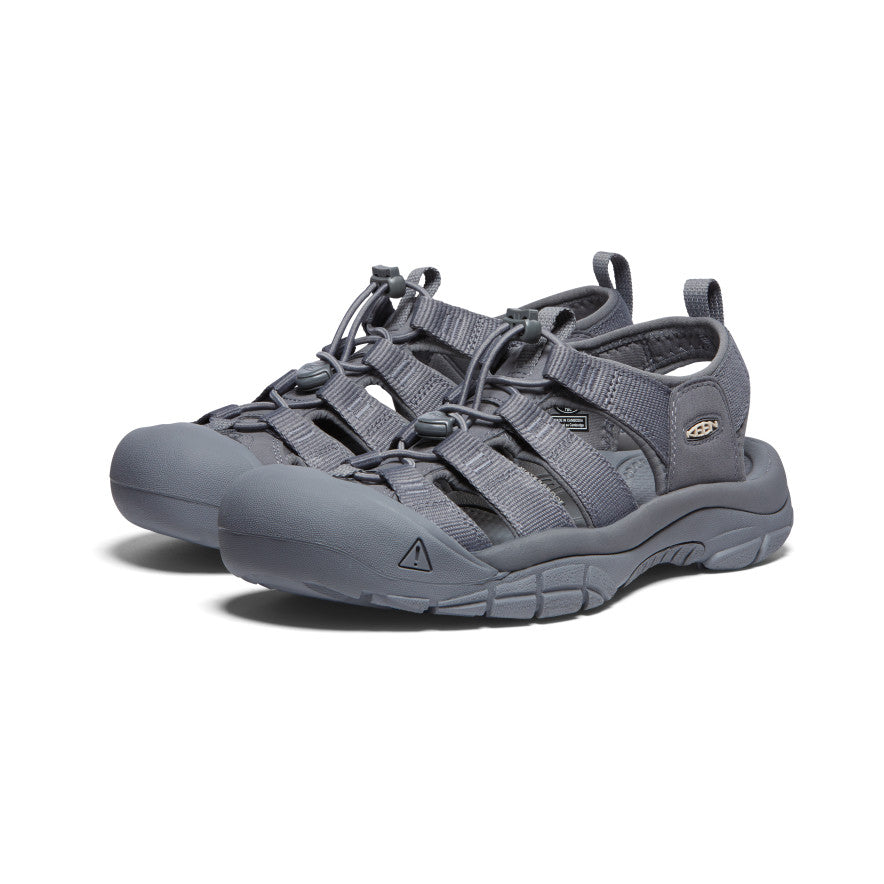 Keen Newport H2 sandals in gray with quick-draw elastic cord lacing, durable rubber outsole, and protective toe cap, angled front view.