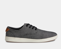 Steve Madden Fenta casual sneakers in gray fabric with black laces, brown heel accent, and white rubber sole, side view.