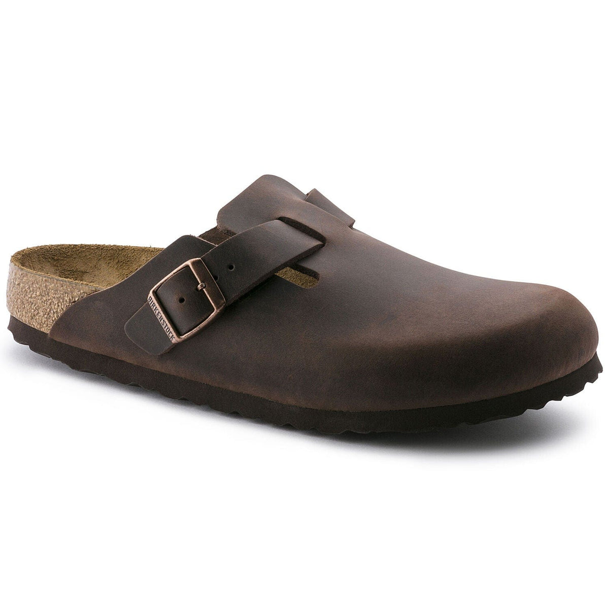 Birkenstock Boston Oiled Leather clogs in dark brown with adjustable strap and buckle, contoured cork footbed, side view.