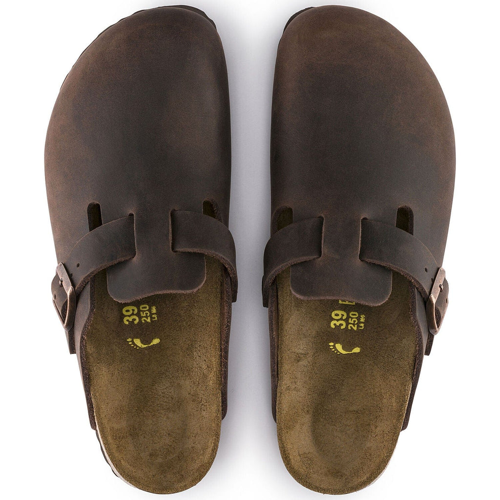 Birkenstock Boston Oiled Leather clogs in dark brown featuring a soft leather upper, adjustable strap with buckle, and contoured footbed, top view.