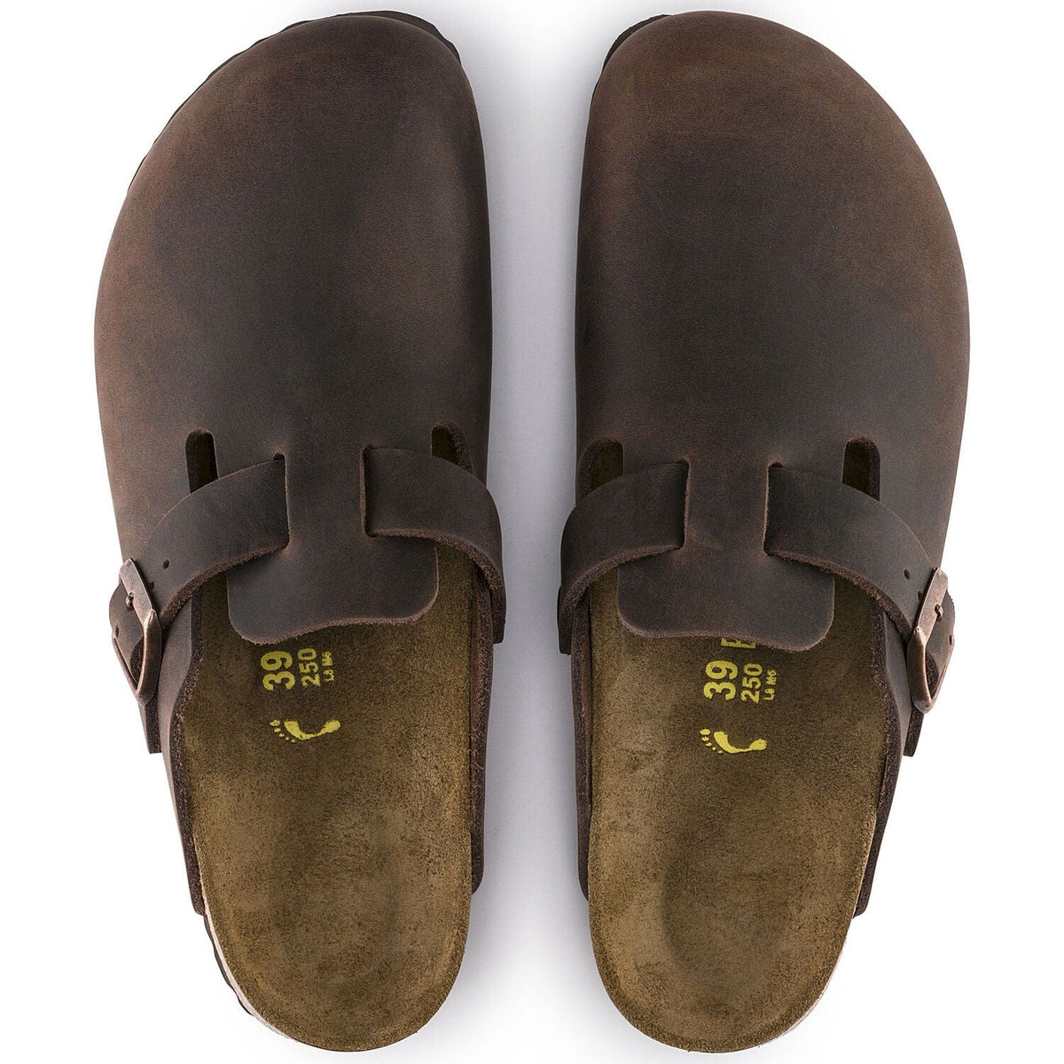 Birkenstock Boston Oiled Leather clogs in dark brown featuring a soft leather upper, adjustable strap with buckle, and contoured footbed, top view.