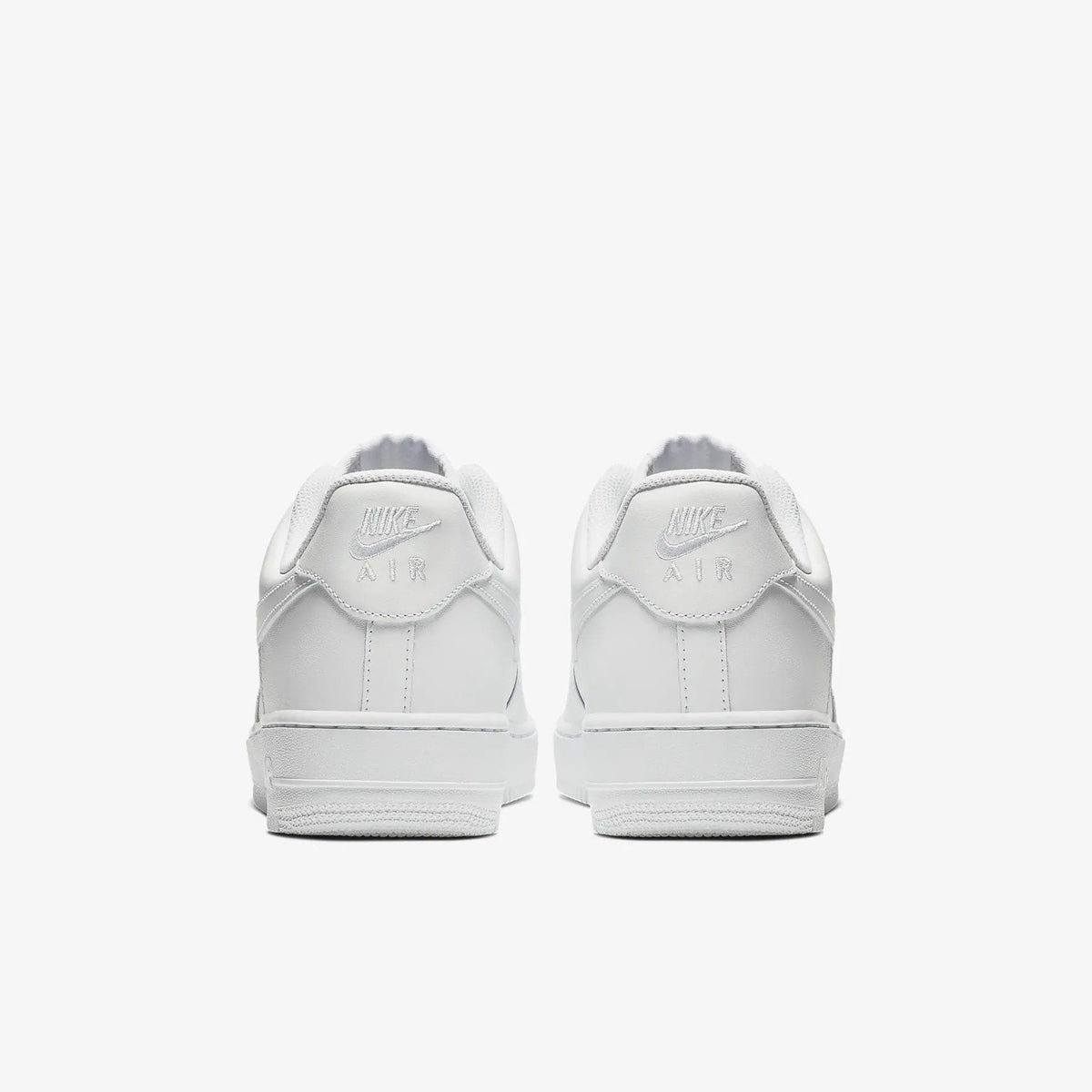Nike Air Force 1 '07 sneakers in white leather with embossed Nike Air logo and padded heel counter, back view.