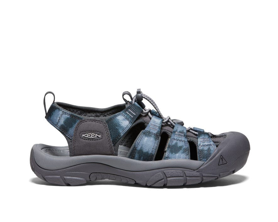 Keen Newport H2 sandals in blue with washable webbed upper, robust toe cap, and cushioned gray sole, side view.