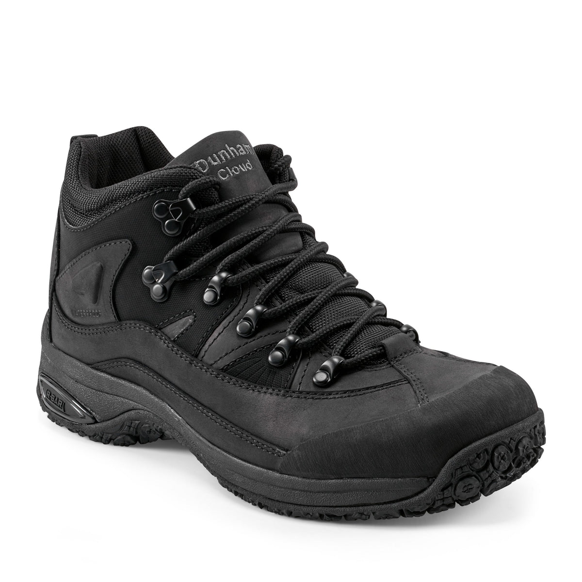 Dunham Cloud Boots in black with durable leather upper, metal eyelets, padded collar, and rugged outsole, front-side view.