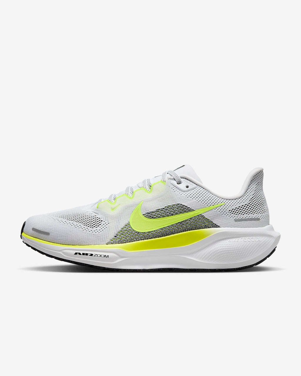 A pair of white Nike Air Zoom Pegasus 41 running shoes with yellow and grey  accents and a white and black sole.