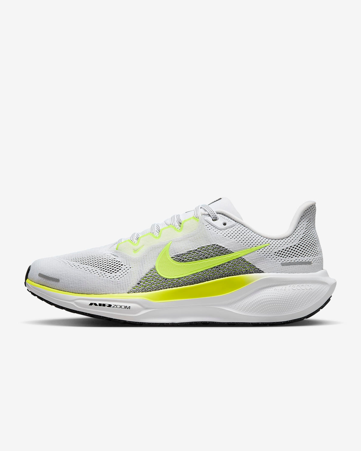 A pair of white Nike Air Zoom Pegasus 41 running shoes with yellow and grey  accents and a white and black sole.