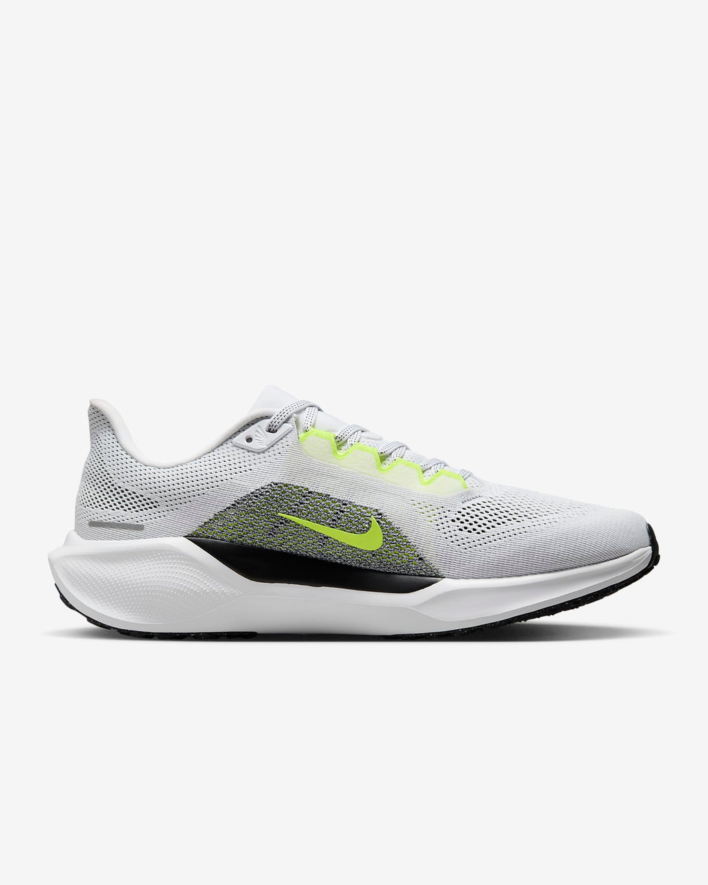 A pair of white Nike Air Zoom Pegasus 41 running shoes with yellow and grey  accents and a white and black sole.
