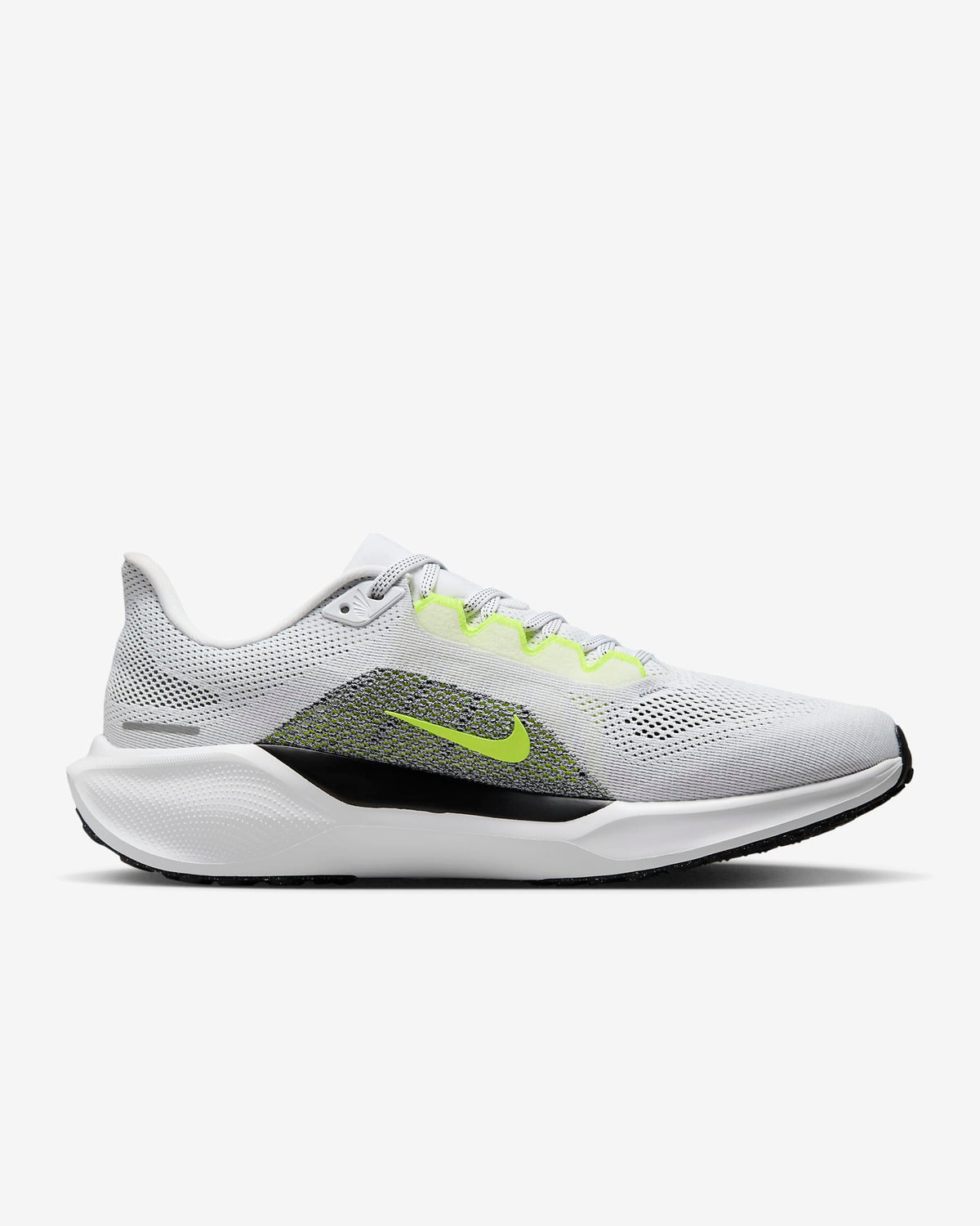 A pair of white Nike Air Zoom Pegasus 41 running shoes with yellow and grey  accents and a white and black sole.