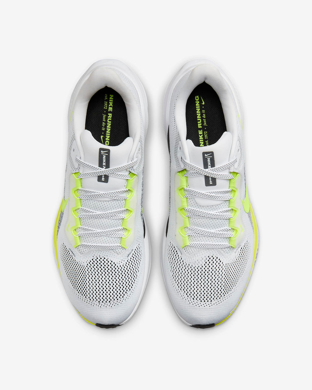 A pair of white Nike Air Zoom Pegasus 41 running shoes with yellow and grey  accents and a white and black sole.