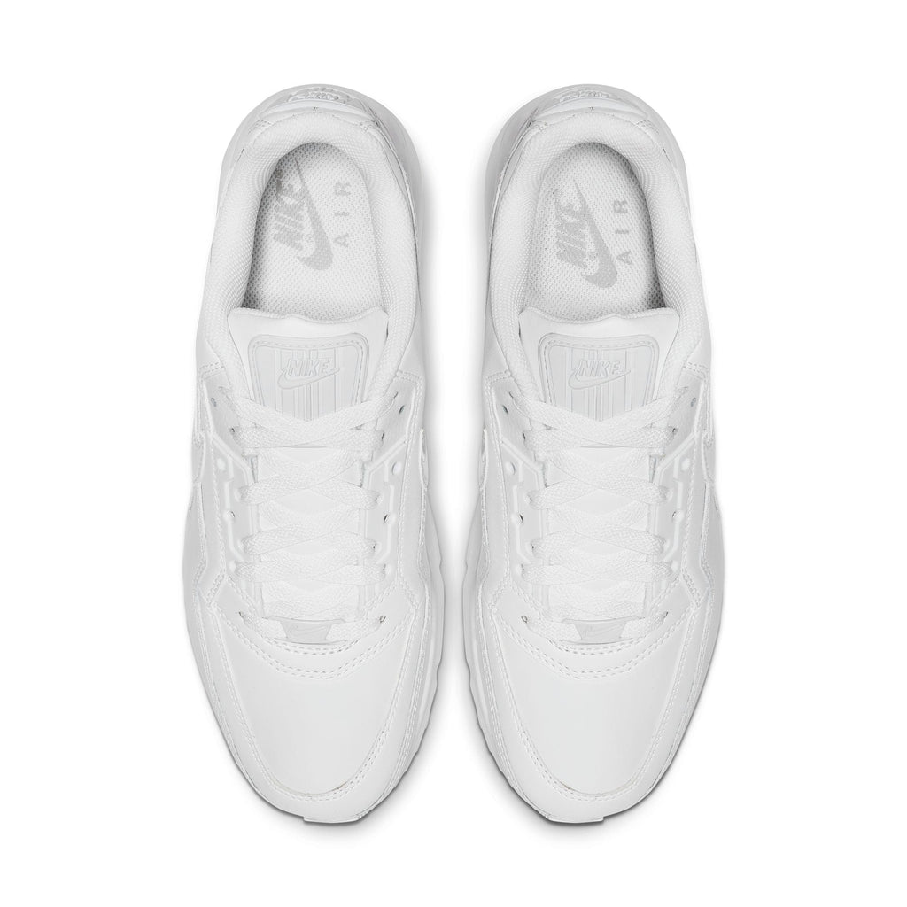 Nike Air Max LTD 3 sneaker featuring a white on white color scheme with leather upper, visible Max Air unit in the heel, and a rubber outsole.