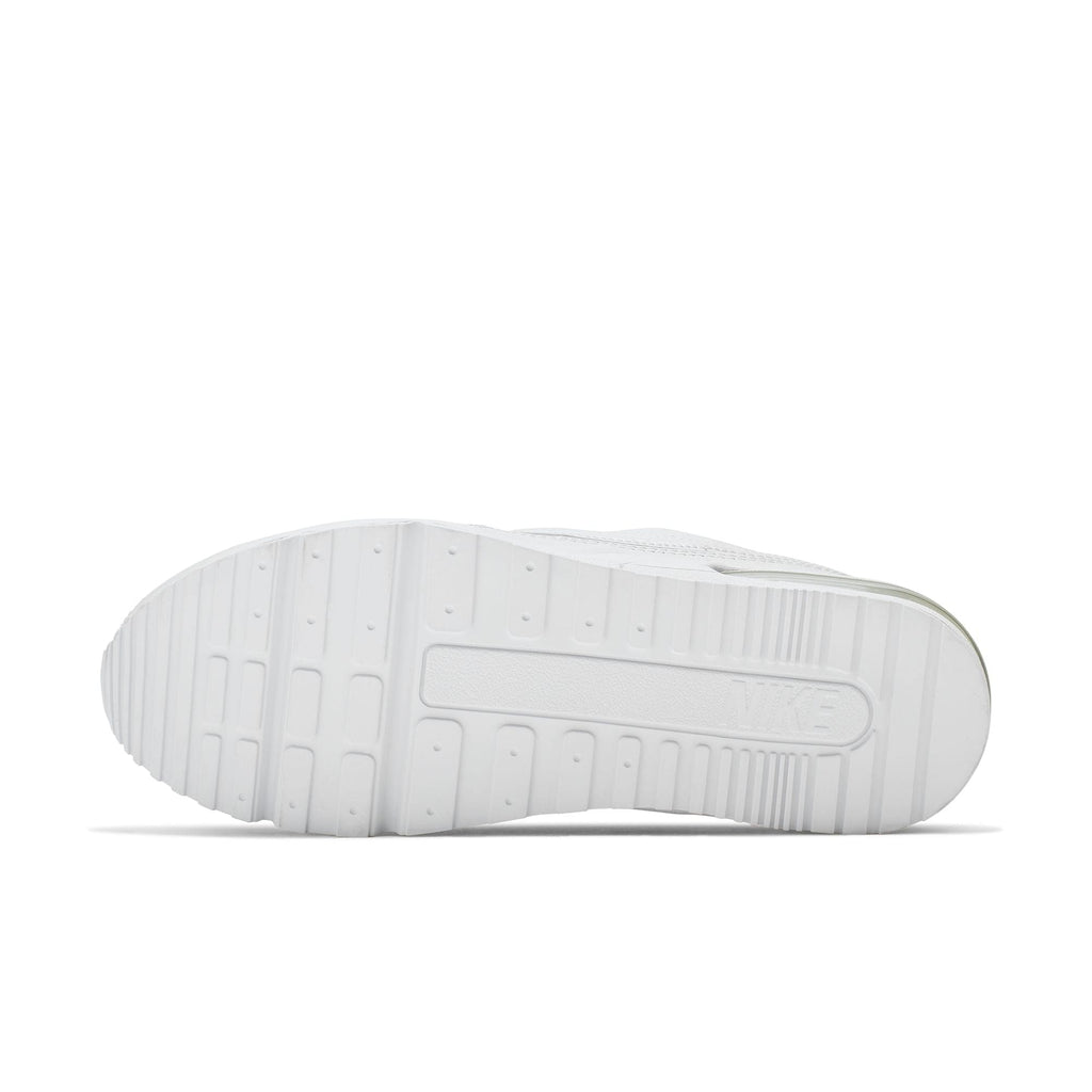 Nike Air Max LTD 3 sneaker featuring a white on white color scheme with leather upper, visible Max Air unit in the heel, and a rubber outsole.