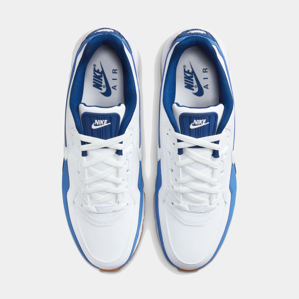 Nike Air Max LTD 3 sneaker featuring a white and blue color scheme with leather upper, visible Max Air unit in the heel, and a rubber outsole.