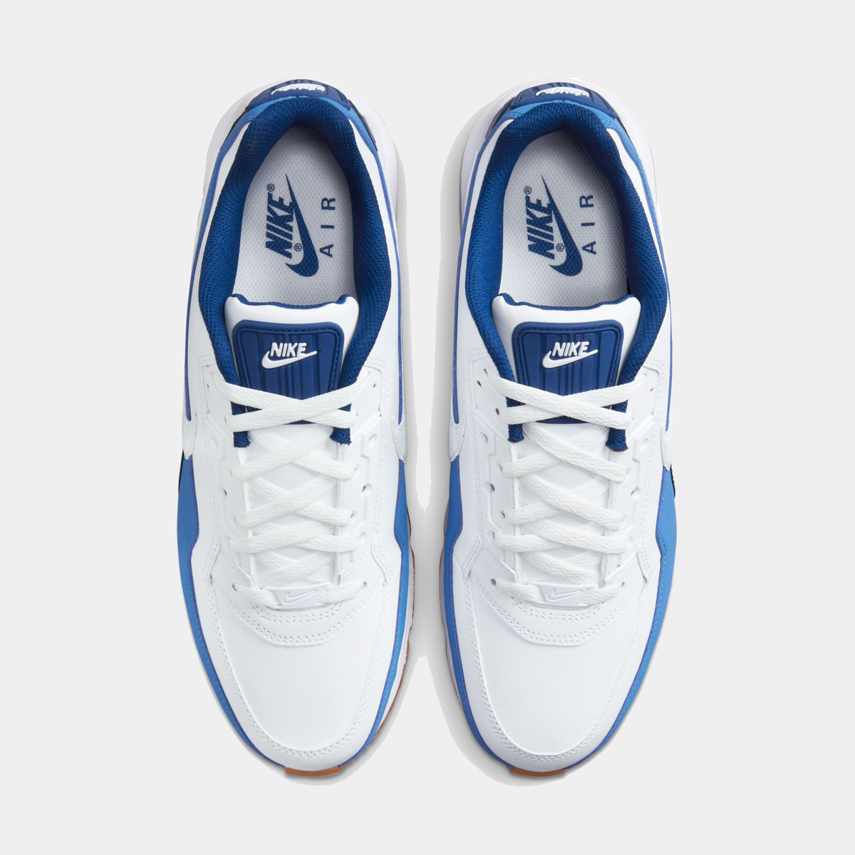 Nike Air Max LTD 3 sneaker featuring a white and blue color scheme with leather upper, visible Max Air unit in the heel, and a rubber outsole.