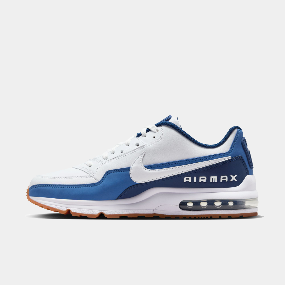 Nike Air Max LTD 3 sneaker featuring a white and blue color scheme with leather upper, visible Max Air unit in the heel, and a rubber outsole.
