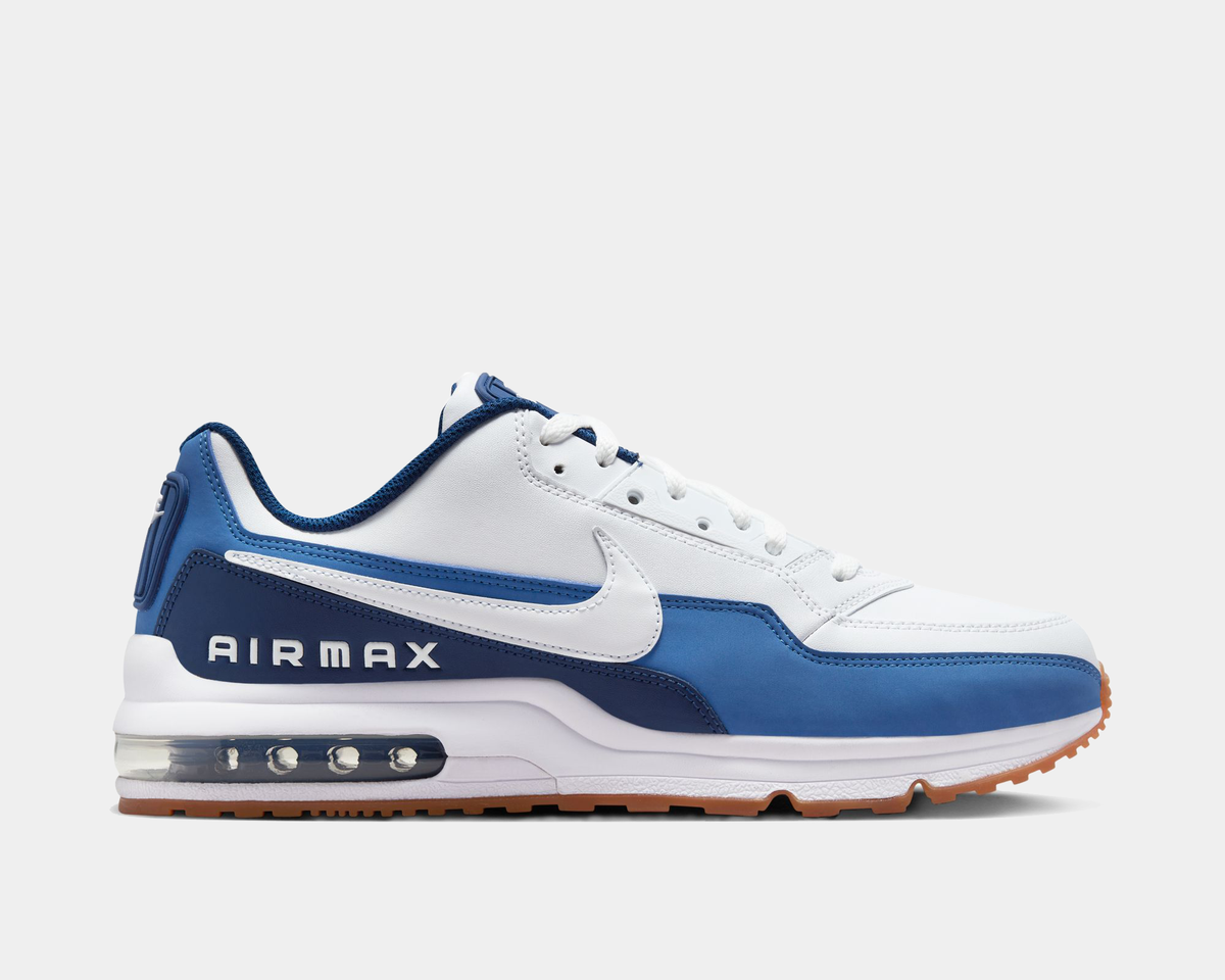 Nike Air Max LTD 3 sneaker featuring a white and blue color scheme with leather upper, visible Max Air unit in the heel, and a rubber outsole.