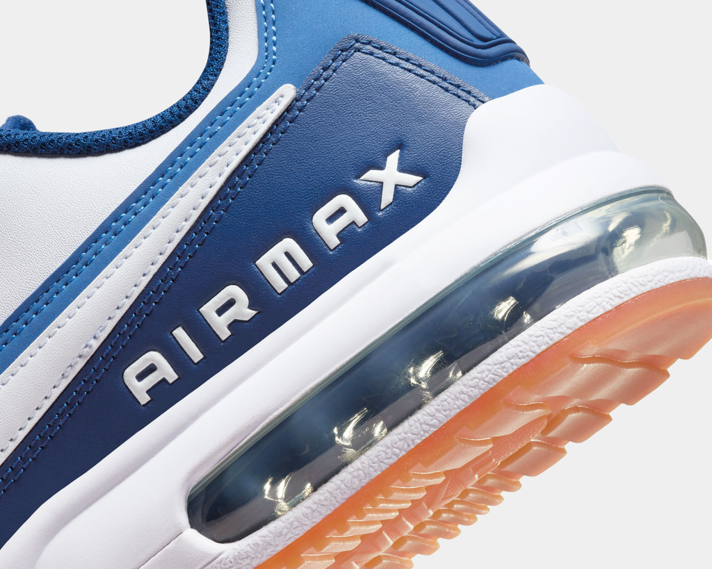 Nike Air Max LTD 3 sneaker featuring a white and blue color scheme with leather upper, visible Max Air unit in the heel, and a rubber outsole.