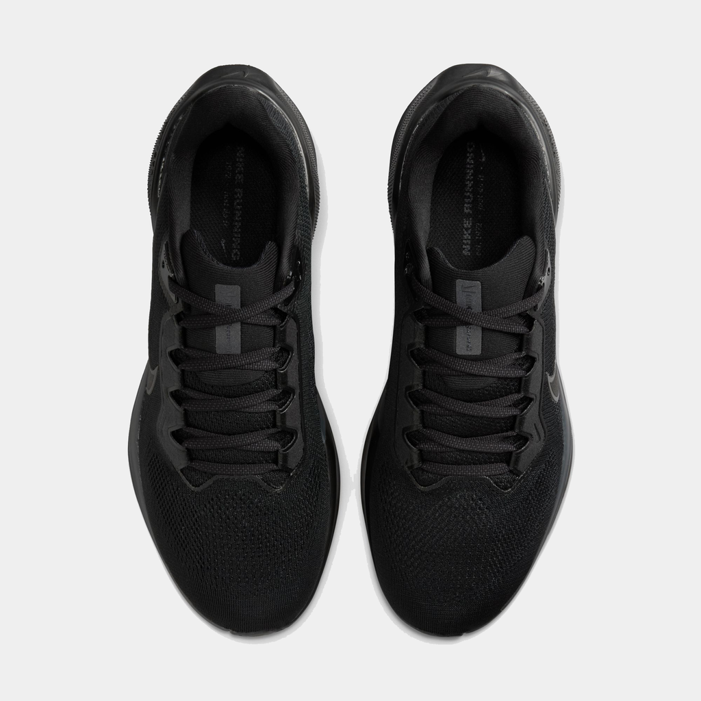 A pair of black  Nike Air Zoom Pegasus 41 running shoes with red accents on a white background.