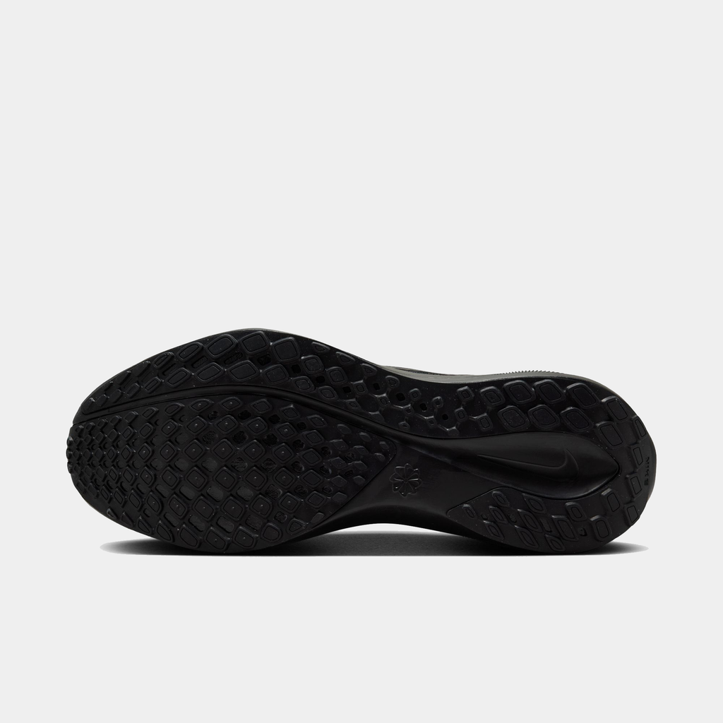 A pair of black  Nike Air Zoom Pegasus 41 running shoes sole on a white background.