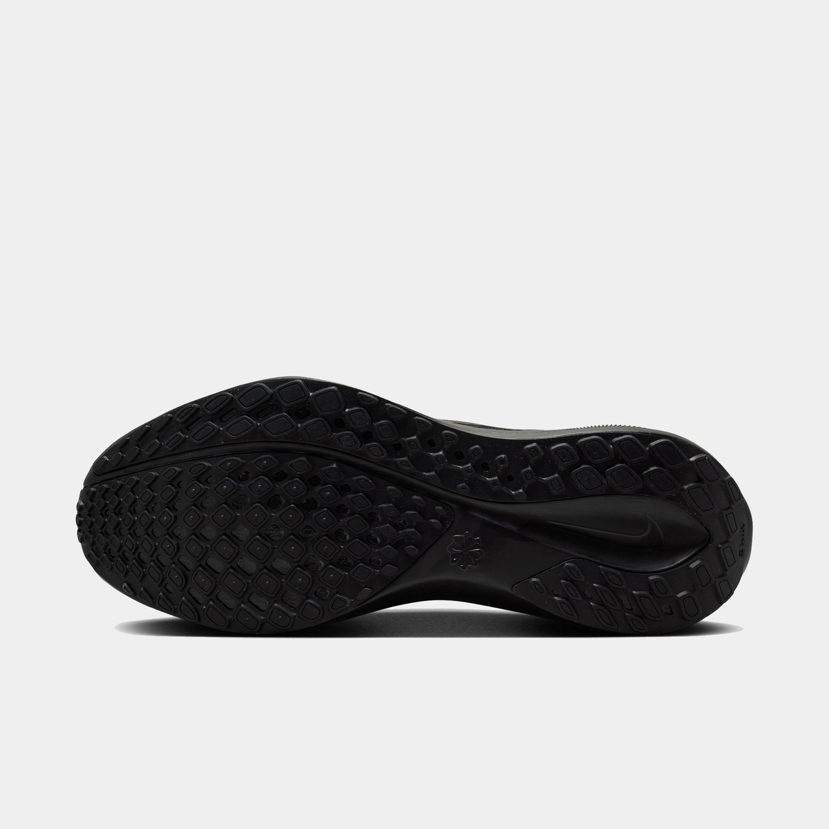 A pair of black  Nike Air Zoom Pegasus 41 running shoes sole on a white background.