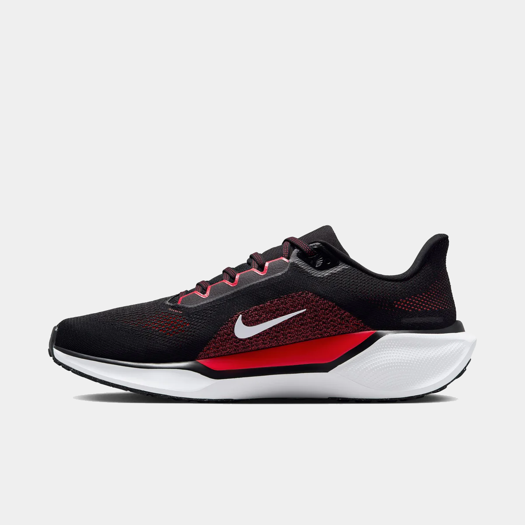 A pair of black Nike Air Zoom Pegasus 41 running shoes with white and red accents .