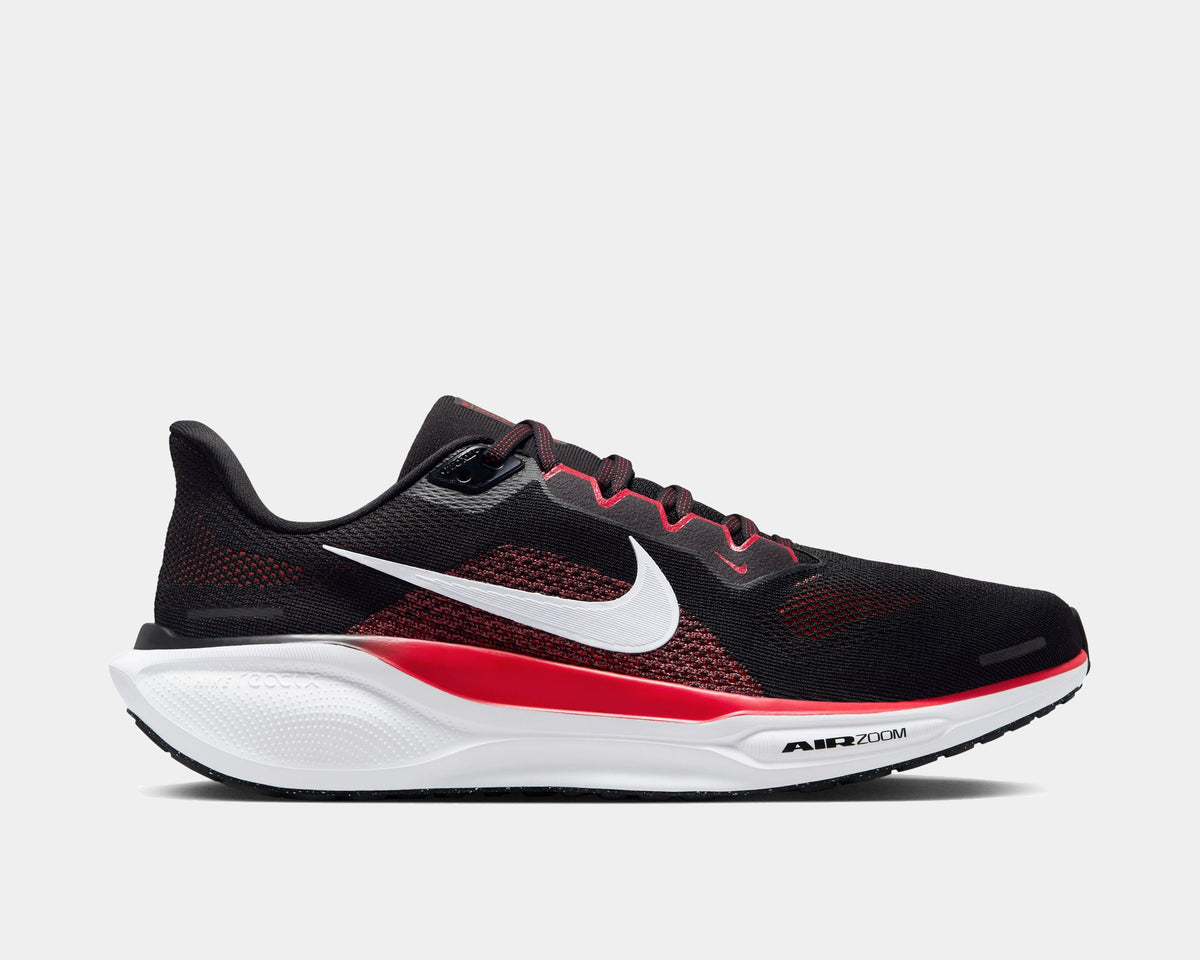 A pair of black Nike Air Zoom Pegasus 41 running shoes with white accents .