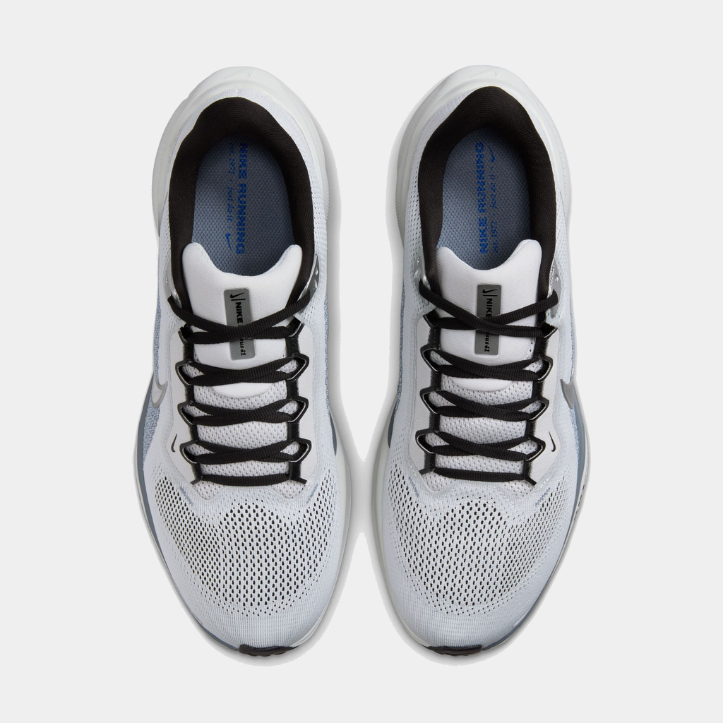 A pair of white and black Nike Air Zoom Pegasus 41 running shoes with a white and black sole.