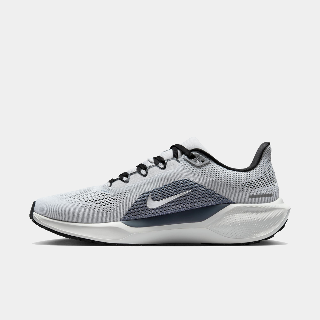 A pair of white and black Nike Air Zoom Pegasus 41 running shoes with a white and black sole.