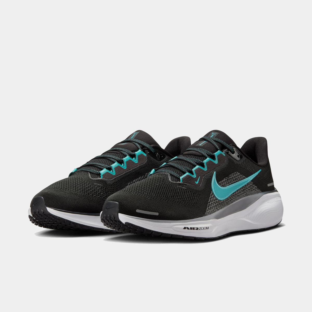 A pair of black Nike Air Zoom Pegasus 41 running shoes with turquoise accents and a black and white sole.