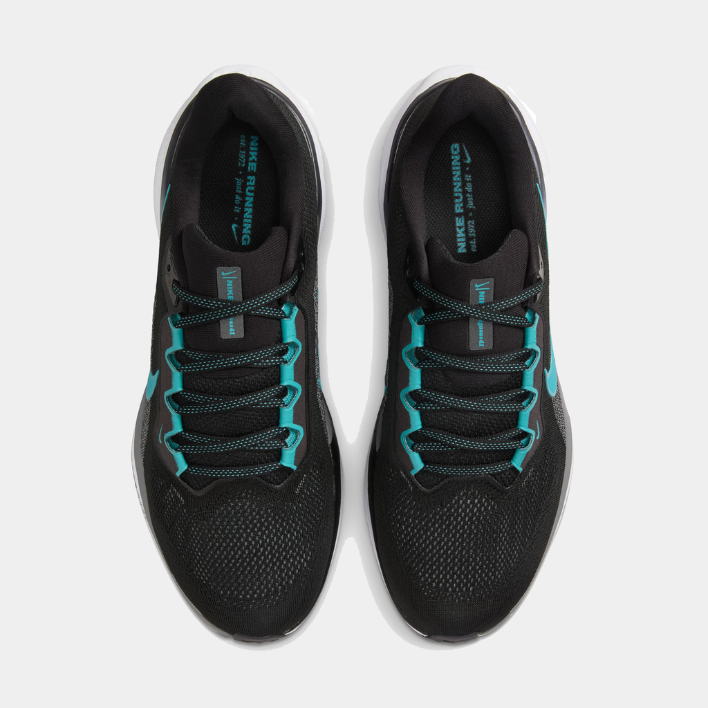 A pair of black Nike Air Zoom Pegasus 41 running shoes with turquoise accents and a black and white sole.