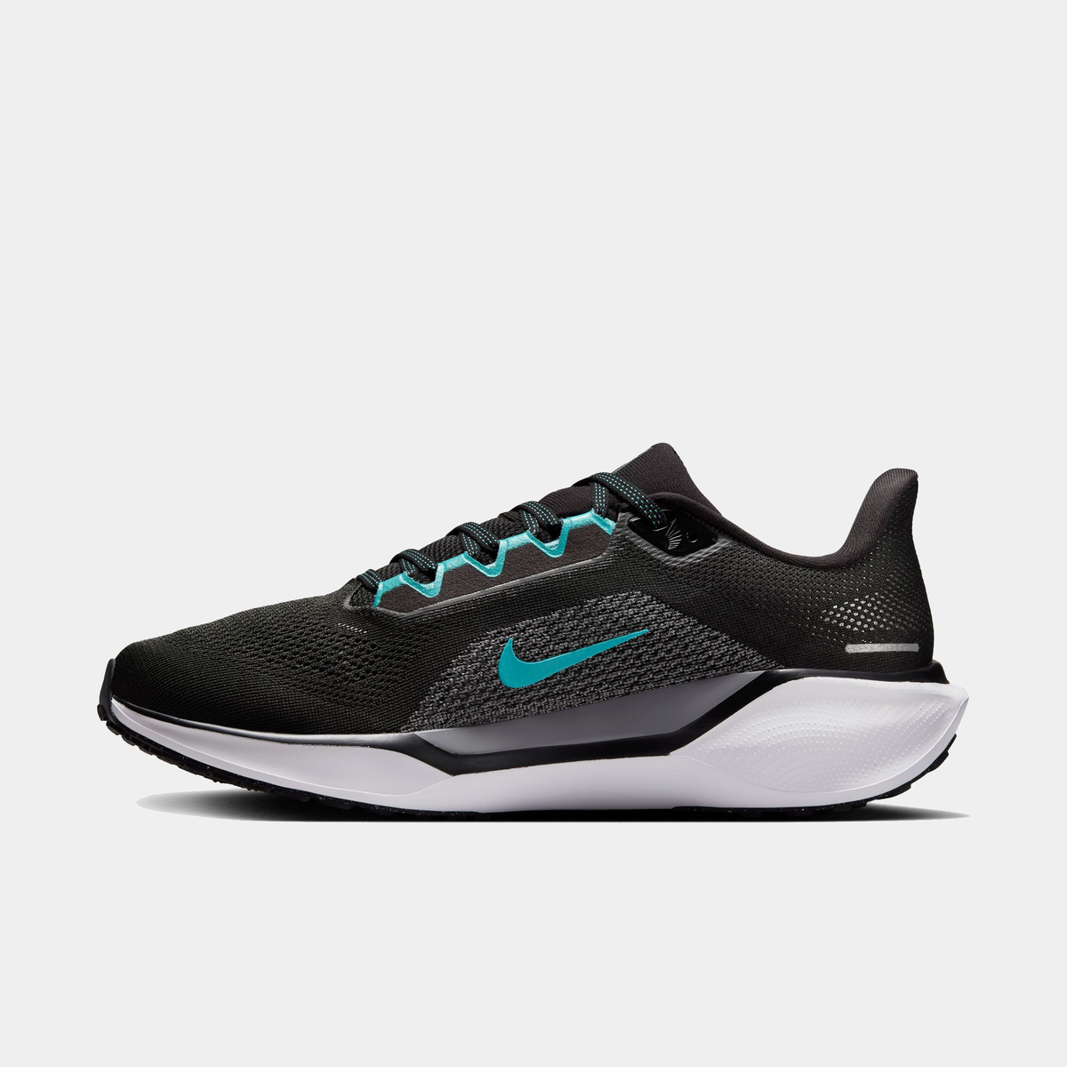 A pair of black Nike Air Zoom Pegasus 41 running shoes with turquoise accents and a black and white sole.