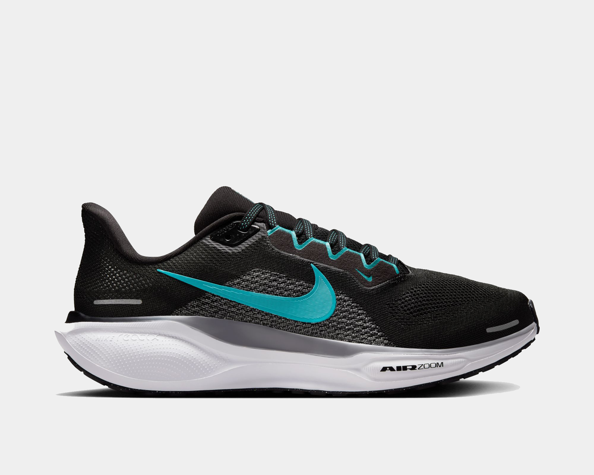 A pair of black Nike Air Zoom Pegasus 41 running shoes with turquoise accents and a black and white sole.