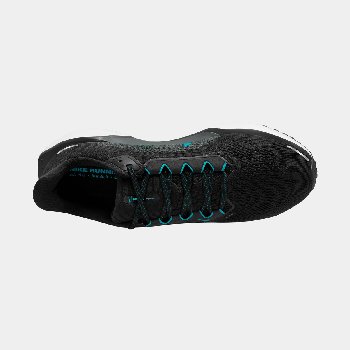 A pair of black Nike Air Zoom Pegasus 41 running shoes with turquoise accents and a black and white sole.