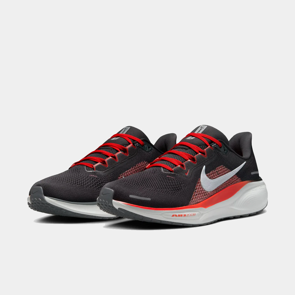 A pair of black Nike Air Zoom Pegasus 41 running shoes with white and red accents and a black and white sole.