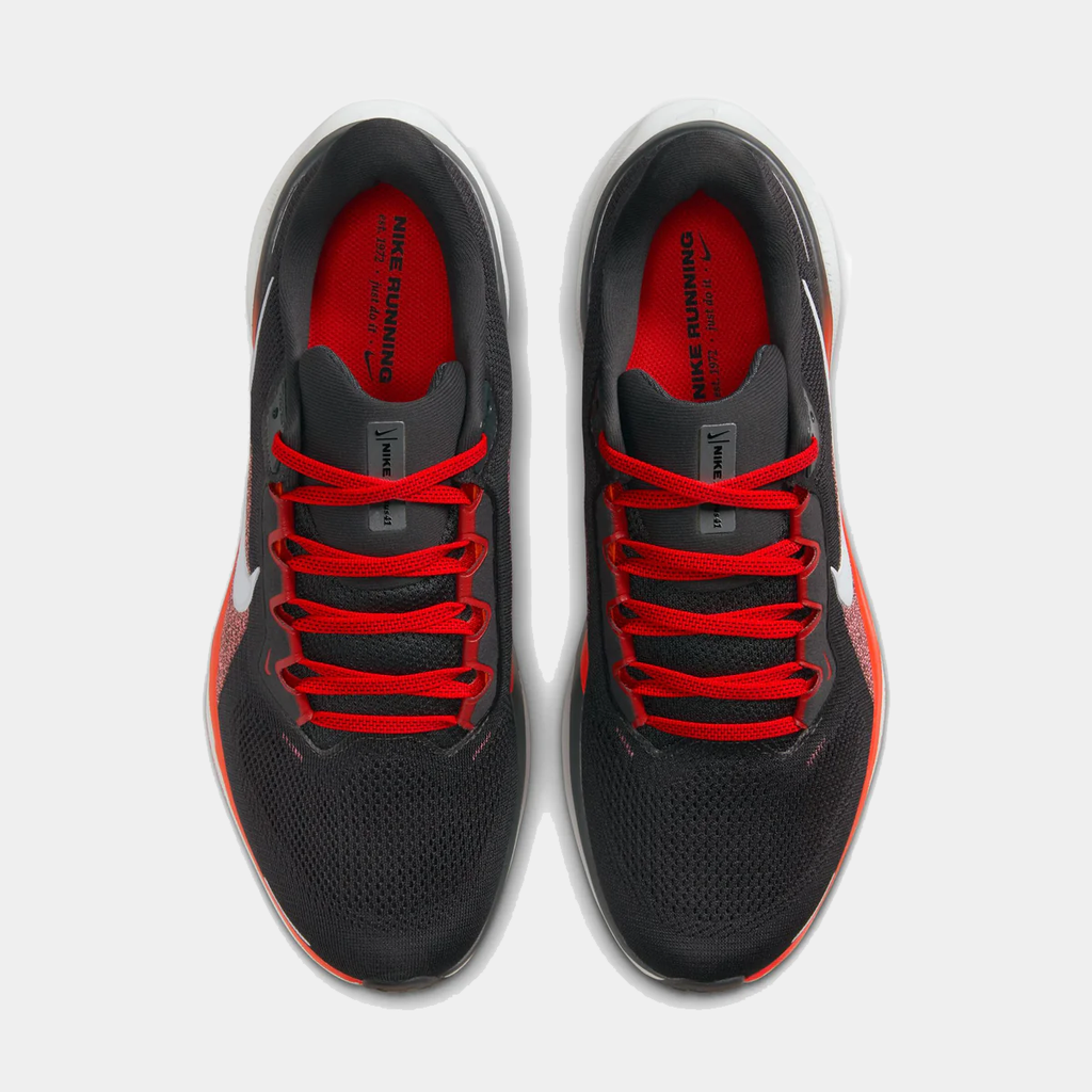 A pair of black Nike Air Zoom Pegasus 41 running shoes with white and red accents and a black and white sole.