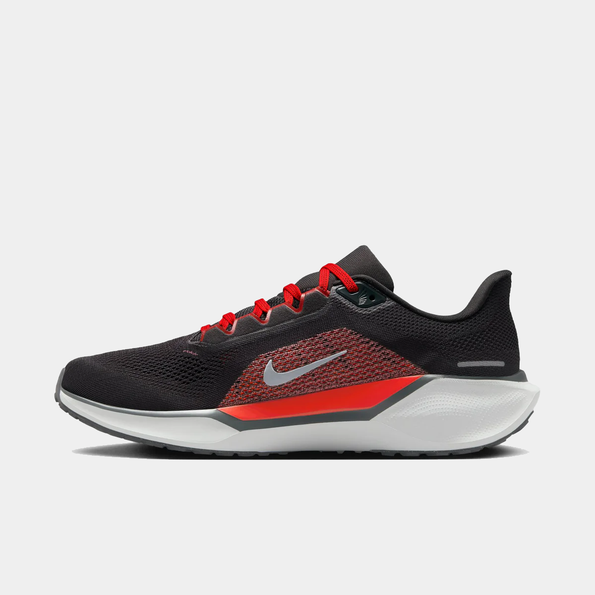 A pair of black Nike Air Zoom Pegasus 41 running shoes with white and red accents and a black and white sole.