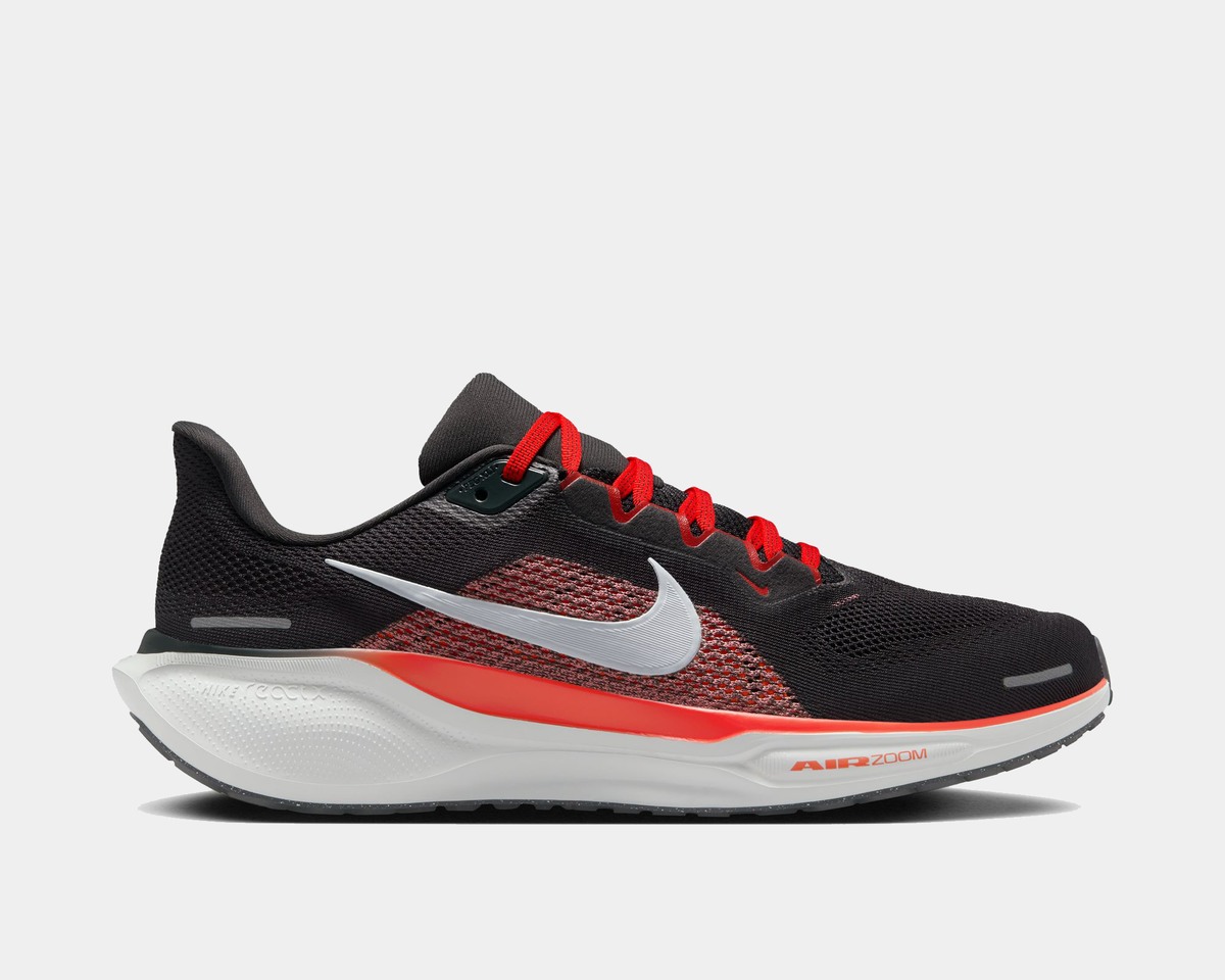 A pair of black Nike Air Zoom Pegasus 41 running shoes with white and red accents and a black and white sole.